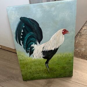 Elegant Rooster Canvas Art - Black, White, Green